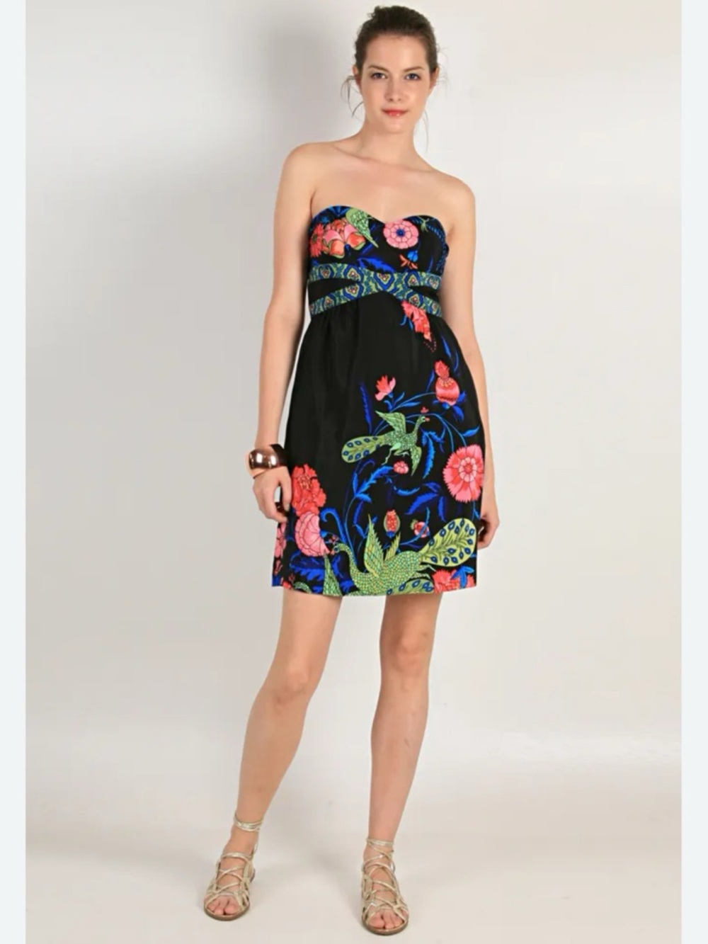 Tibi strapless silk mini dress vibrant "Palm Beach" bird floral garden and pea 6